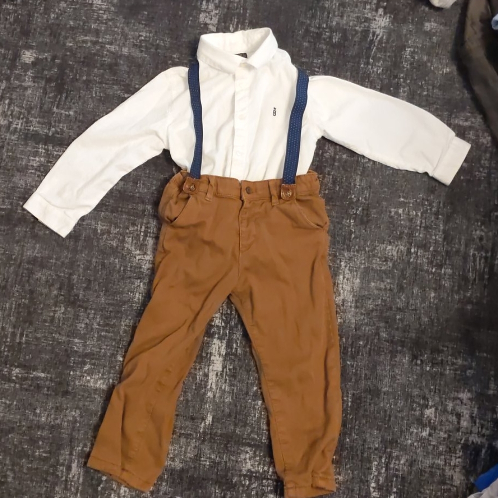 Mayoral brown pants with suspenders & white shirt
